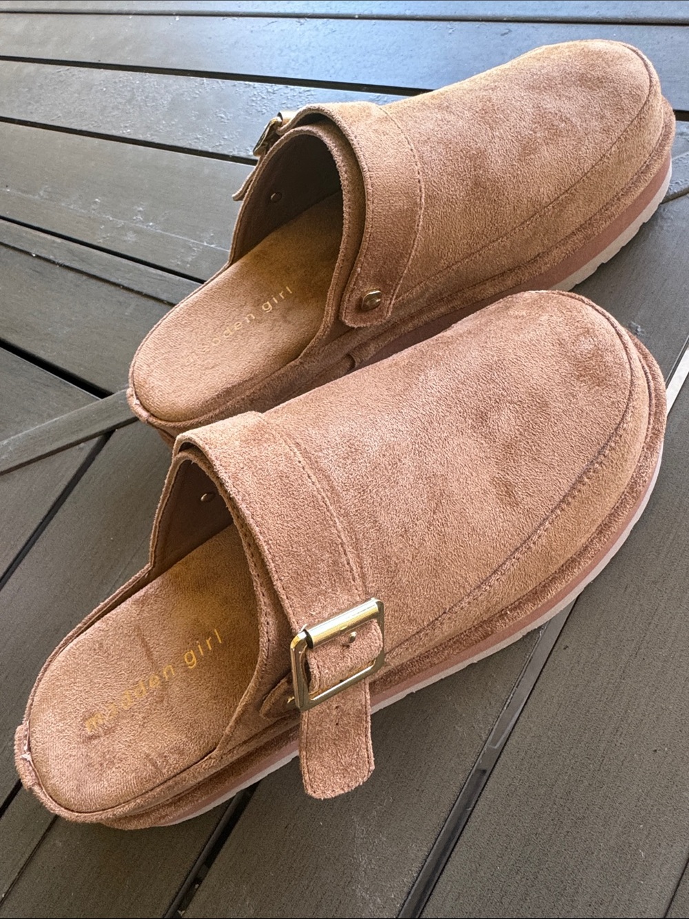 Madden Girl Women’s Tan Graham Mule Slides with Gold Buckle - Picture 3 of 7